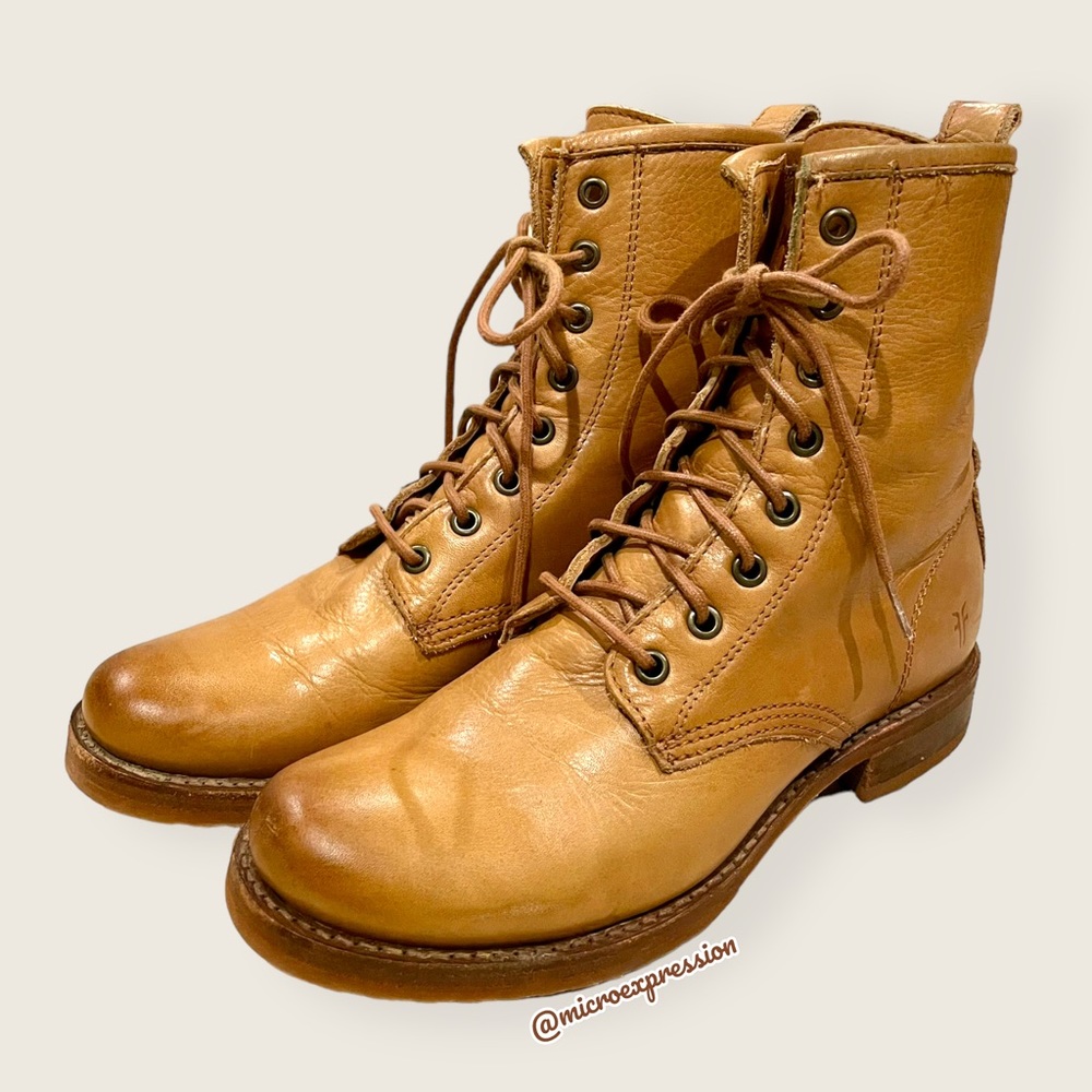 $399 Frye Veronica Combat Tan Brown Leather Lace Up Moto Comfy Everyday Boot - Picture 5 of 13
